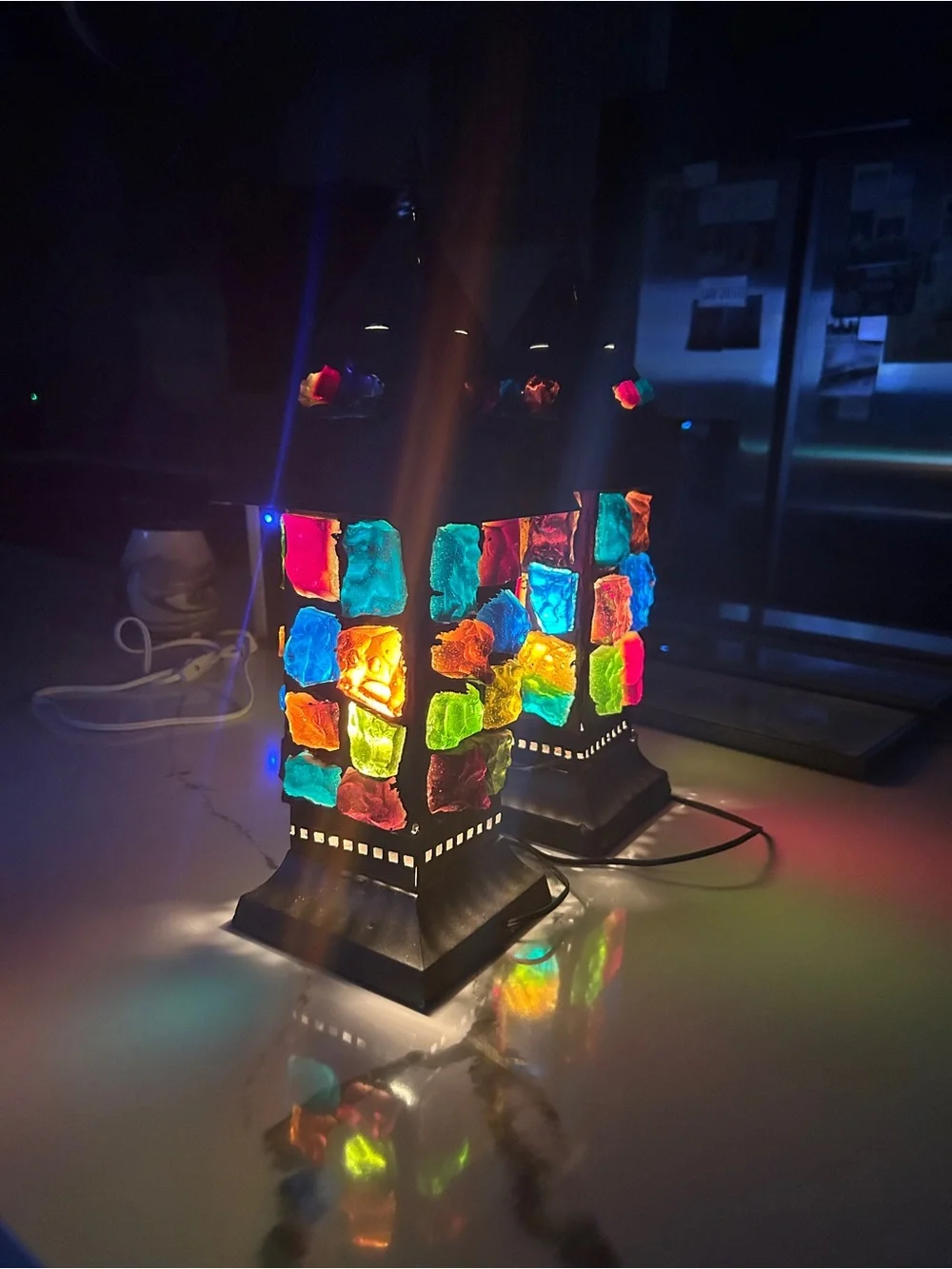 Multicolor Mosaic Glass Table Lantern Pair - Colorful Accent Lighting